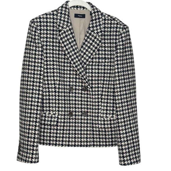 Theory Jackets & Blazers - Theory Houndstooth Check Crop Wool Blazer Jacket Size 8 Black Grey Cream Tan